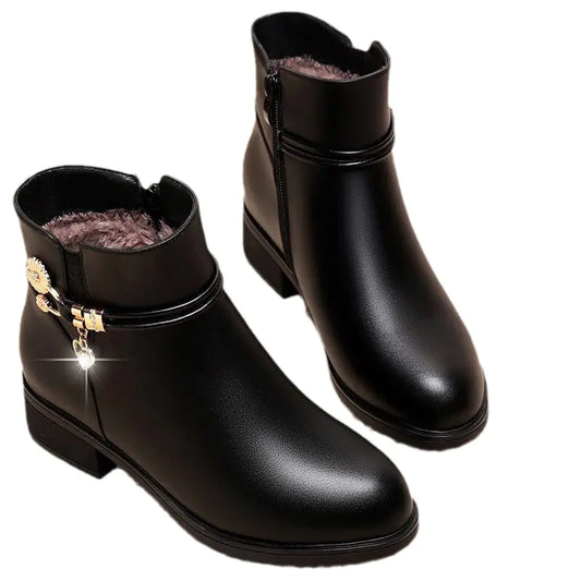Warm Plush Leather Ankle Boots for Women