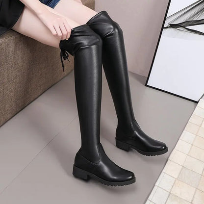 Women's Lace-Up High Tube Thick Heel Leather Boots