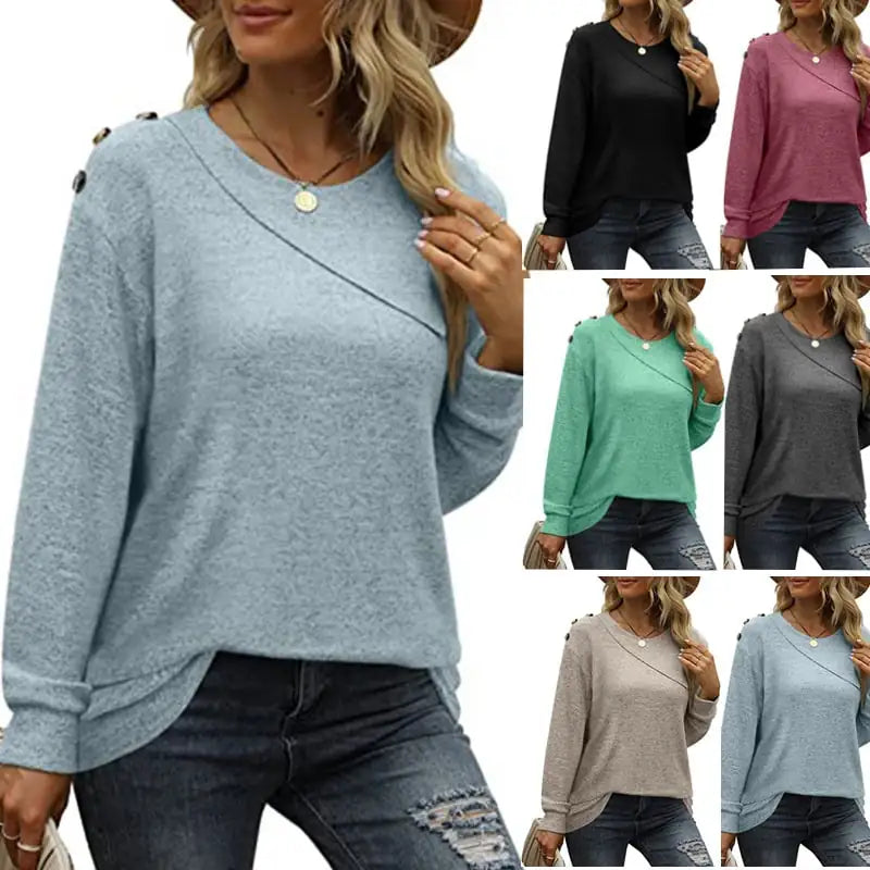 Women's Double Crew Neck Button Sweatshirt Tee