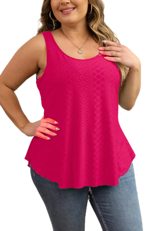 KLPOHV Womens Plus Size Tank Tops Summer Eyelet Embroidery Sleeveless T-Shirts Tops Scoop Neck Causal Loose Flowy Cami 2X Rosered