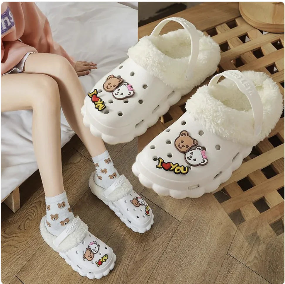 Women's Thermal Plush Cotton Slipper Set