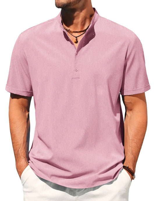 COOFANDY Mens Henley Shirt Short Sleeve Band Collar Summer Beach Hippie Shirts Casual Button Down Shirts Pink