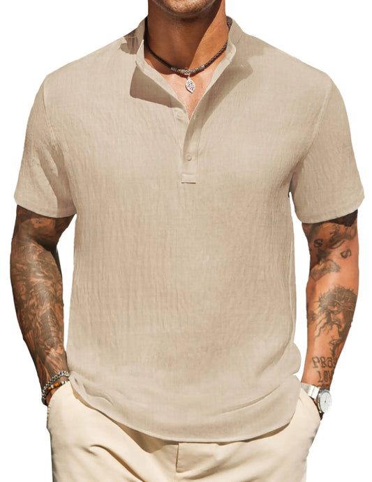 COOFANDY Mens Henley Shirt Short Sleeve Casual Band Collar Linen Shirt Summer Beach Hippie T-Shirts Light Khaki