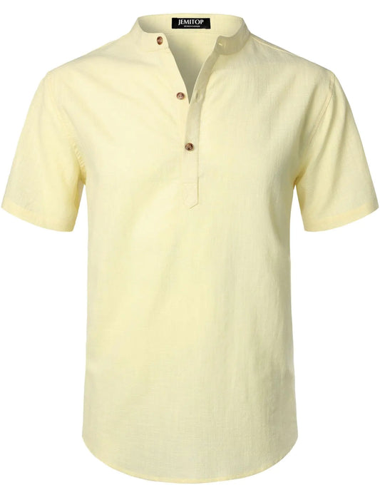 JEMITOP Mens Cotton Linen Lightweight Henley Shirt Casual Banded Collar Moisture-Wicking Short Sleeve T-Shirt for Summer Beach Vacation Light Yellow S