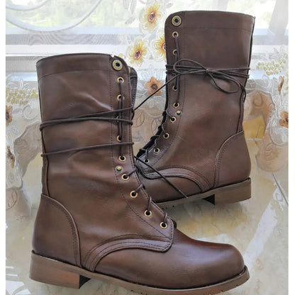Retro British Lace-Up Cowboy Boots with Square Heel