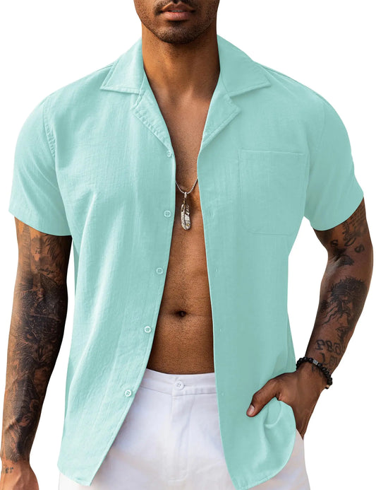 URRU Mens Short Sleeve Button Up Casual Summer Beach Shirt Resort Wear Button Down Stretch Wrinkle Free Linen Shirts Mint Green XL