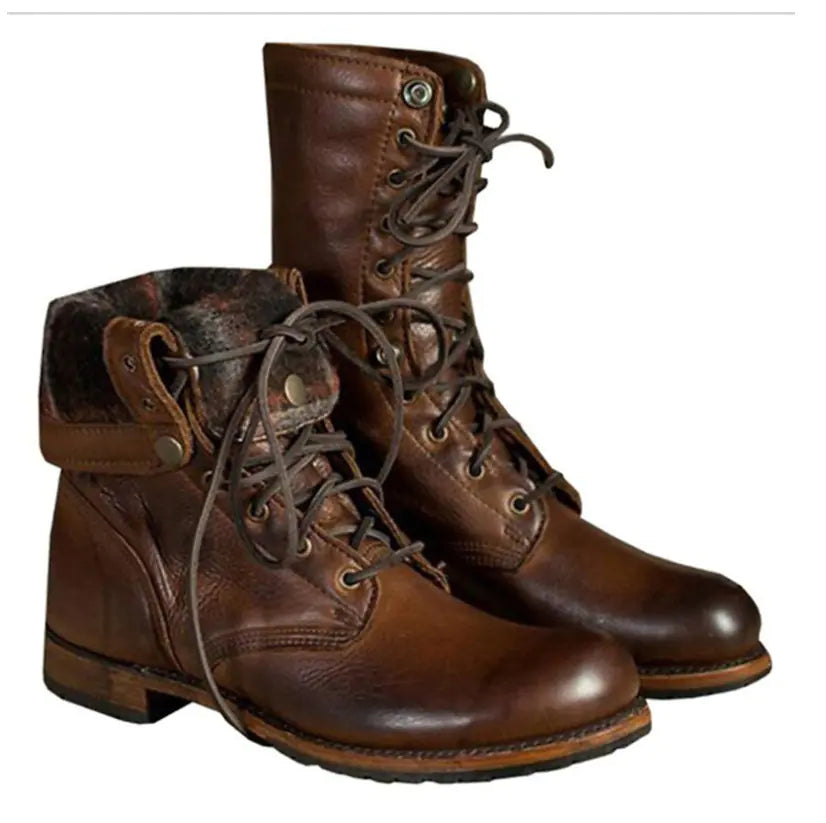 Retro British Lace-Up Cowboy Boots with Square Heel