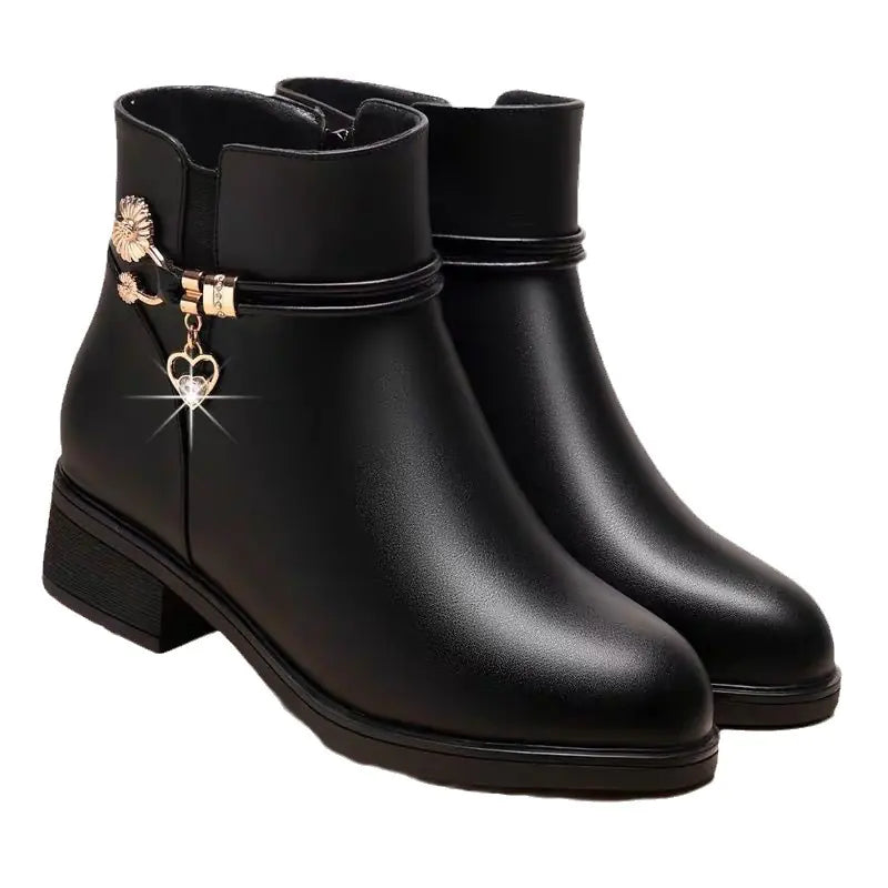 Warm Plush Leather Ankle Boots for Women