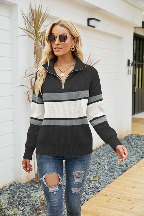 Women's Striped Colorblock Long Sleeve Zip Sweater