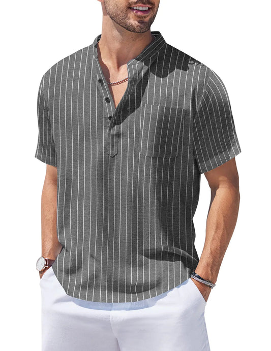 COOFANDY Mens Cotton Linen Henley Shirt Short Sleeve Striped Casual Beach T-Shirts Banded Collar Beach Tops