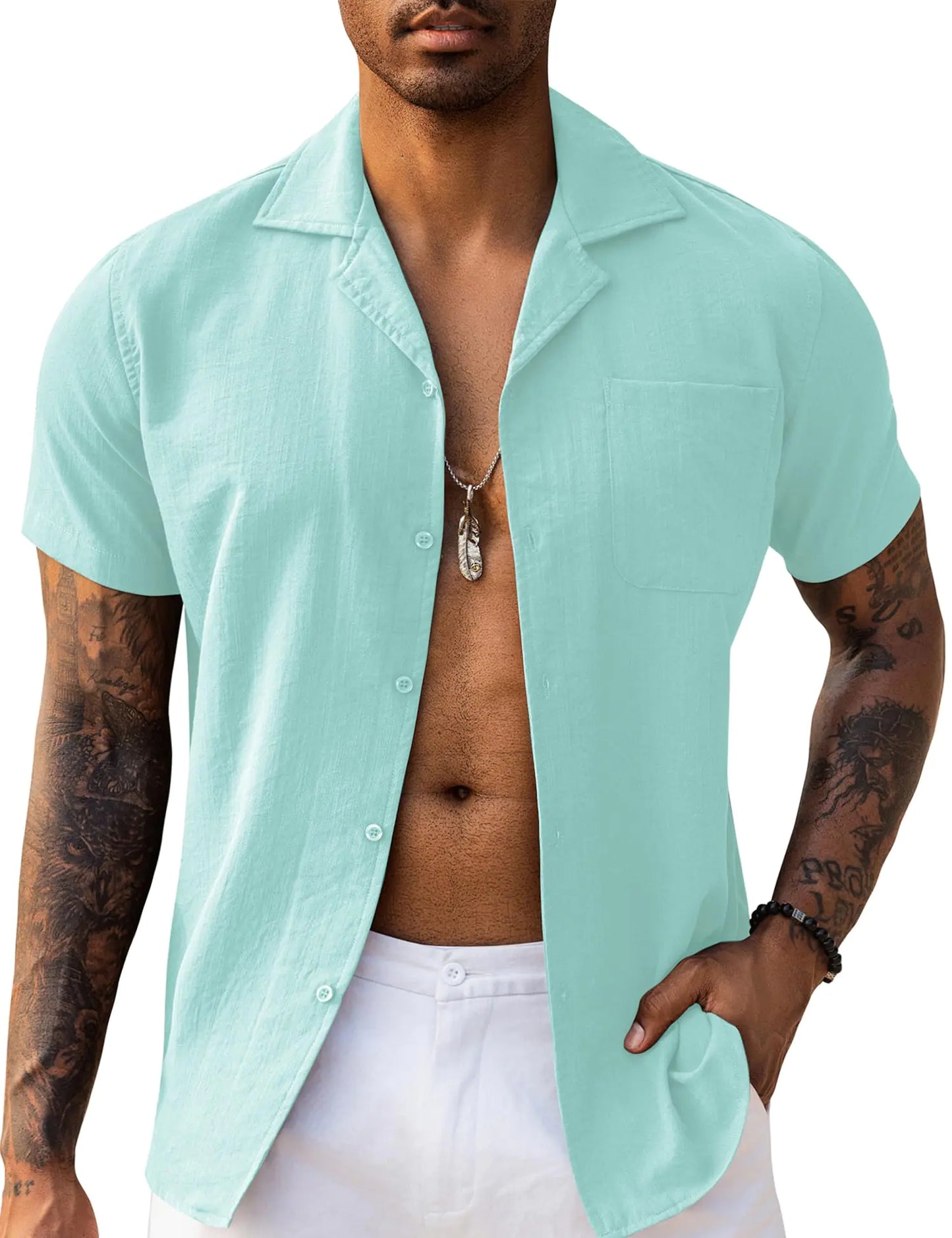 URRU Mens Short Sleeve Button Up Casual Summer Beach Shirt Resort Wear Button Down Stretch Wrinkle Free Linen Shirts Mint Green XL