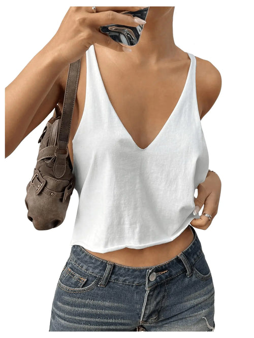 SweatyRocks Womens Tank Tops V Neck Sleeveless Casual Summer Loose Crop Cami Tops White Large