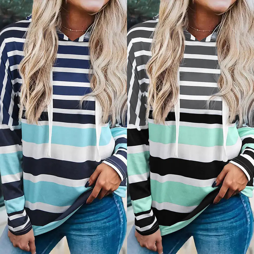 Women's Hooded Striped Long Sleeve Casual Sweatshirt