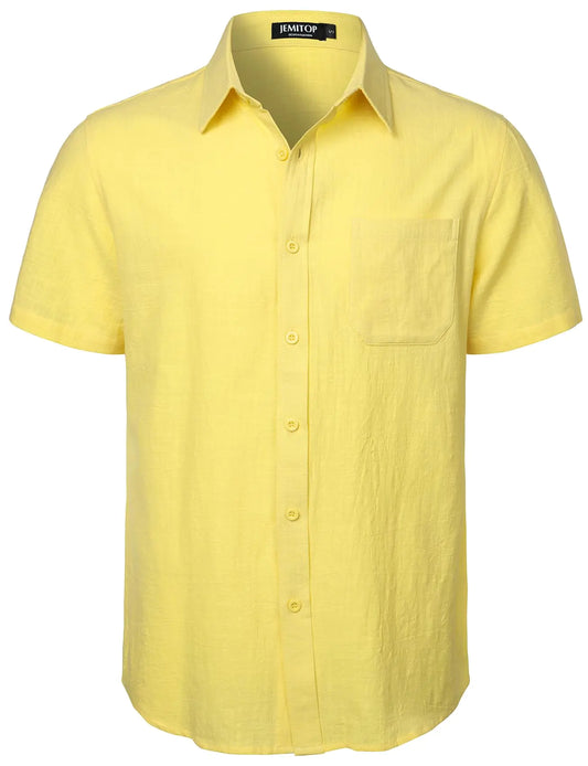 JEMITOP Mens Summer Cotton Linen Short Sleeve Button Down Shirt Casual Lightweight Tops with Pockets for Beach Vacation Yellow XXL