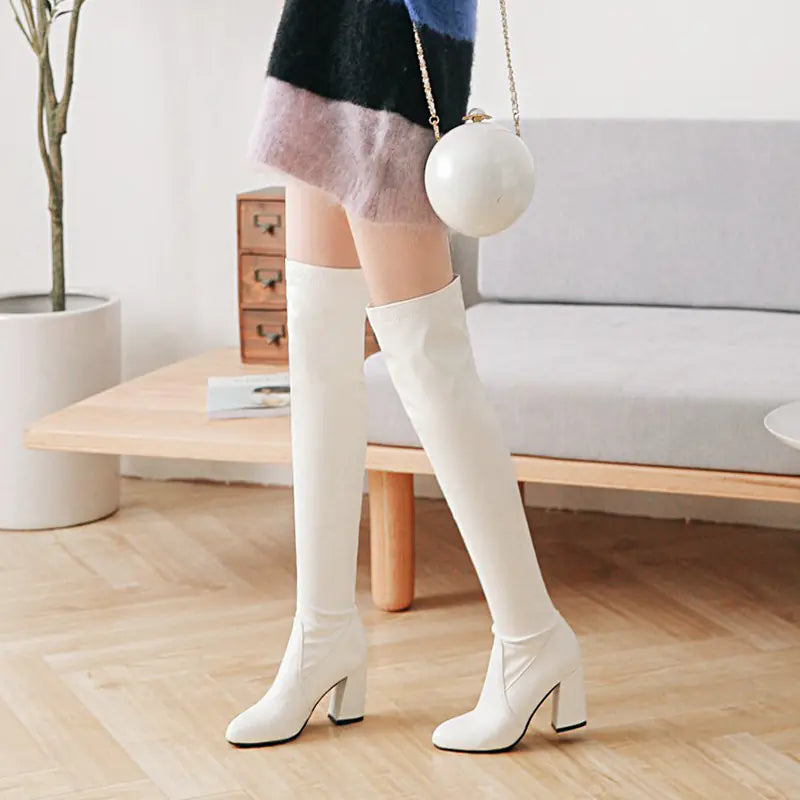 Chunky Heel Over The Knee Boots in Plus Size