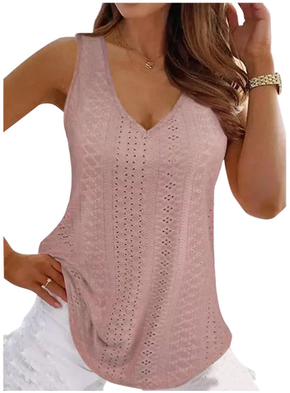 Womens Summer Deep V Neck Tank Tops Eyelet Embroidery Sleeveless Blouses T Shirts Casual Loose Fit Flowy Cami Tops 2024(Eyele Pink2X-Large)