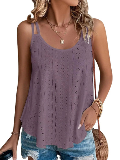 KKJ Womens Cute Tank Tops Eyelet Embroidery Sleeveless Spaghetti Strap Cami Scoop Neck Loose Casual 2025 Summer Flowy Shirts Lavender