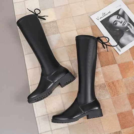 Women's Lace-Up High Tube Thick Heel Leather Boots