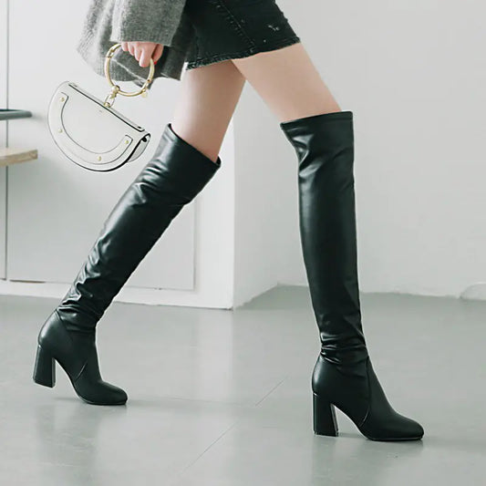 Chunky Heel Over The Knee Boots in Plus Size