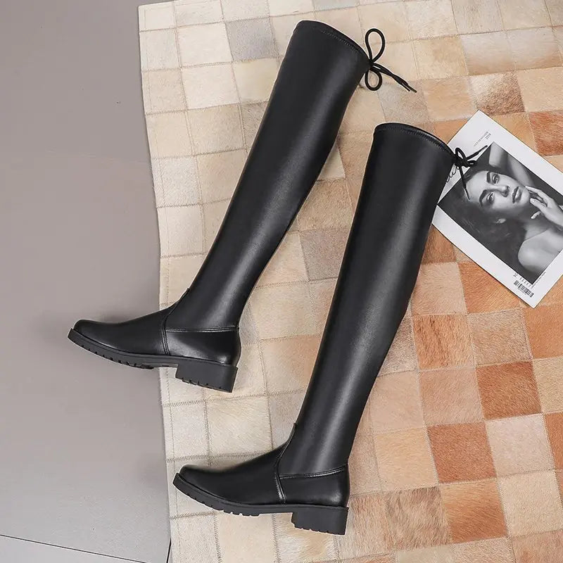 Women's Lace-Up High Tube Thick Heel Leather Boots