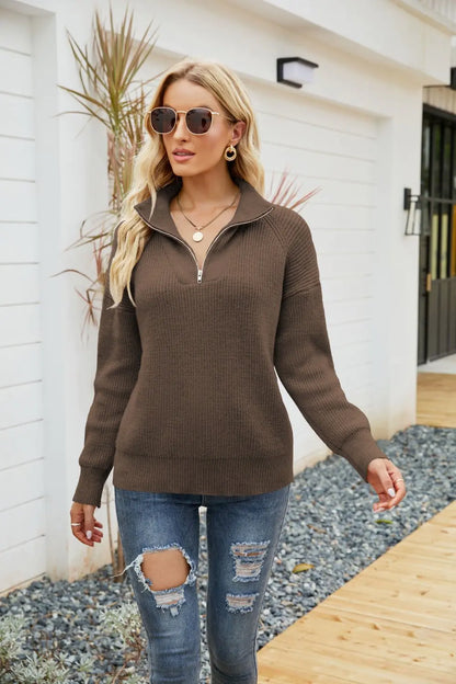 Women's Striped Colorblock Long Sleeve Zip Sweater