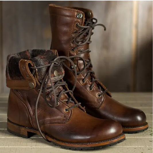 Retro British Lace-Up Cowboy Boots with Square Heel