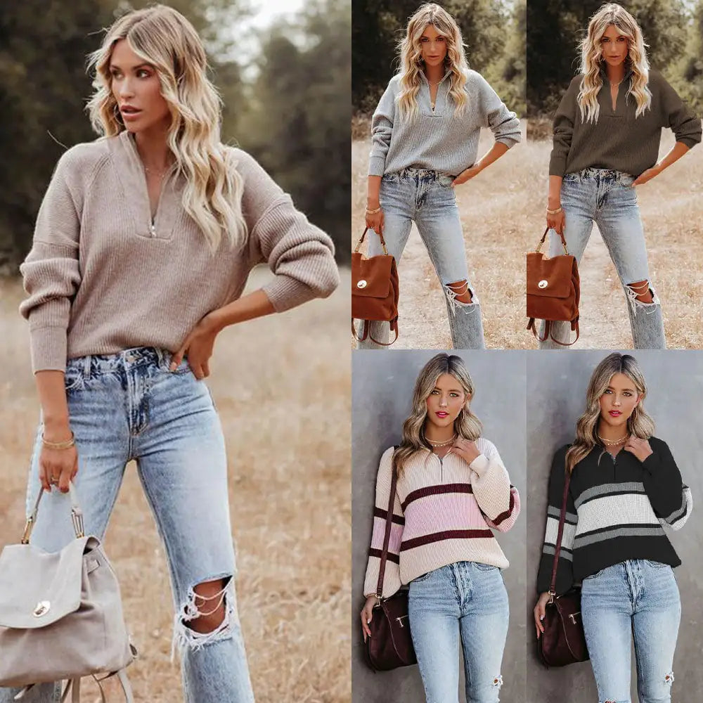 Women's Striped Colorblock Long Sleeve Zip Sweater