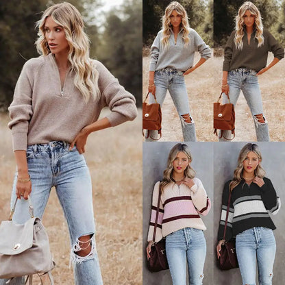 Women's Striped Colorblock Long Sleeve Zip Sweater